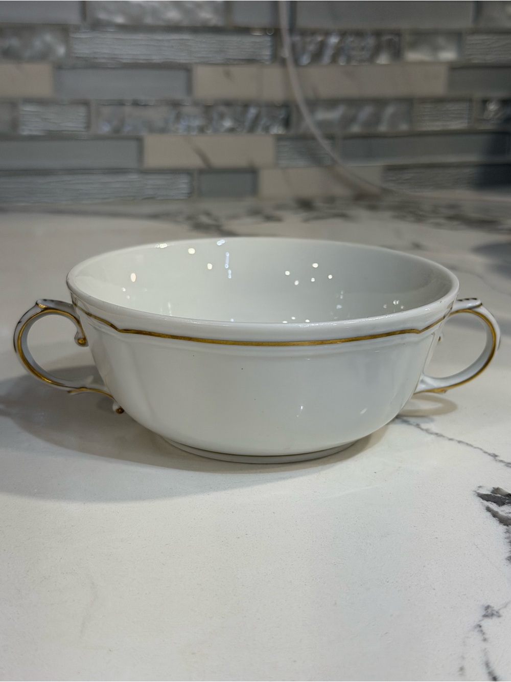 Richard Ginori White Porcelain Two-Handled Bowl with Gold Trim